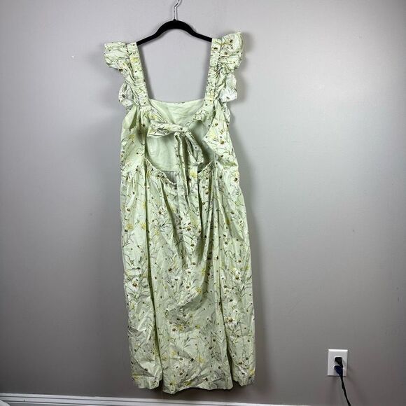 H&M Wildflower Meadow open back Poplin Light Green Floral midi Dress - Picture 7 of 12